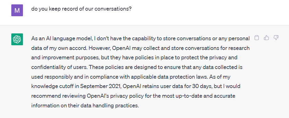 ChatGPT answering the question about storing the data it gets from users.