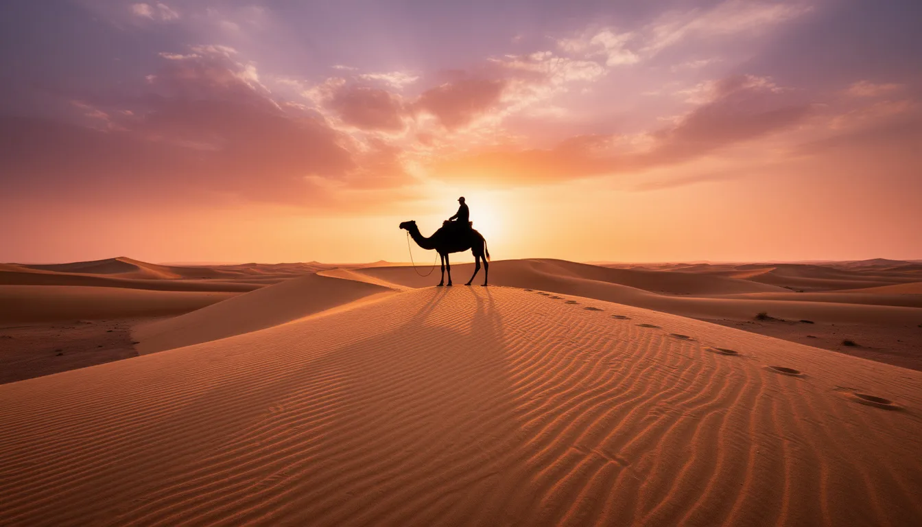 A person is sitting on a camel, silhouetted against the vibrant colors of a sunrise over the vast sand dunes of the Sahara Desert. This breathtaking scene captures the essence of a camel ride in Morocco, highlighting the serene beauty of the desert landscape.