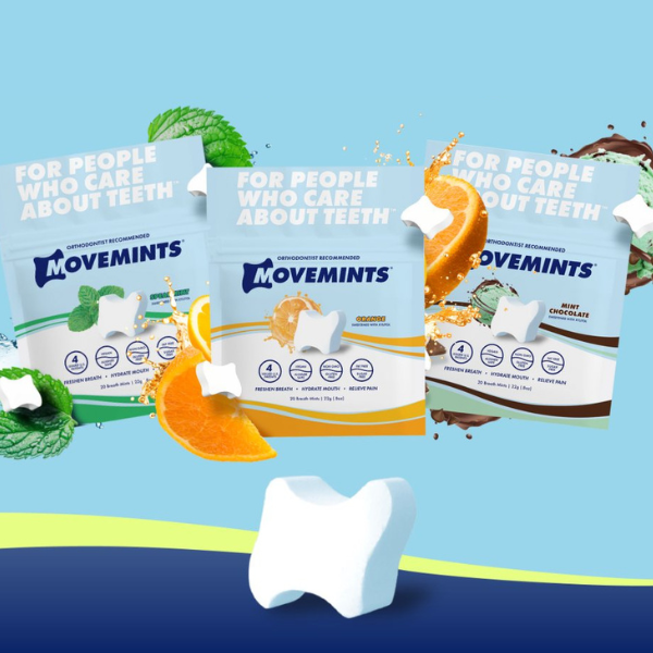 Image showing Movemints Clear Aligner Mints with Xylitol for healthy teeth.
