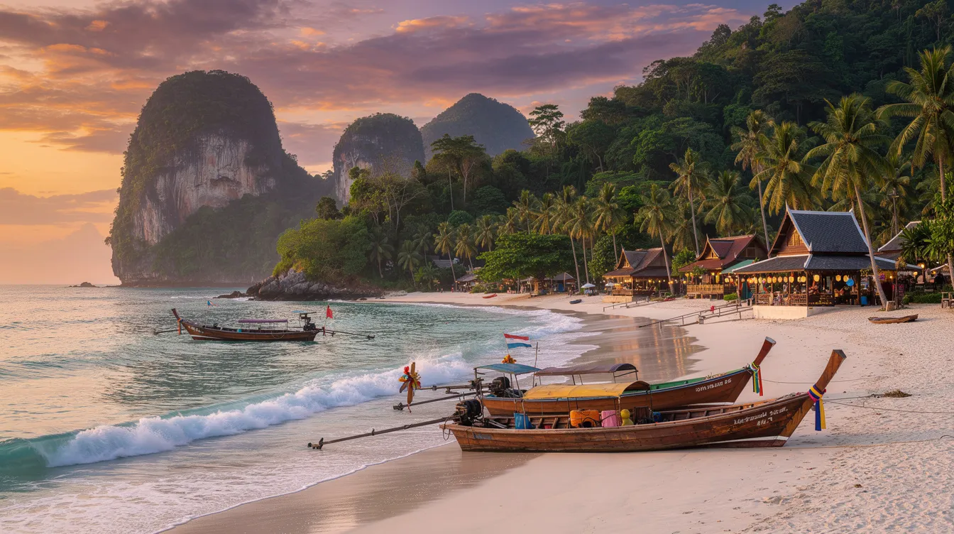 A imagem retrata a bela ilha de Phuket, na Tailândia, com suas praias de areia branca e águas cristalinas. Ao fundo, pode-se ver a famosa Maya Bay, conhecida por sua paisagem deslumbrante e por ter sido cenário de um filme estrelado por Leonardo DiCaprio.