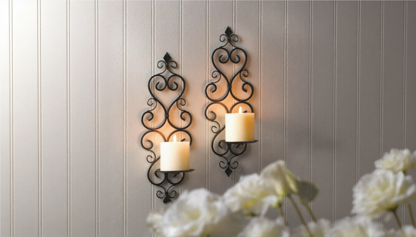Fleur-de-lis wrought iron candle wall sconces with lit pillar candles mounted on a paneled wall, creating a warm, inviting glow.
