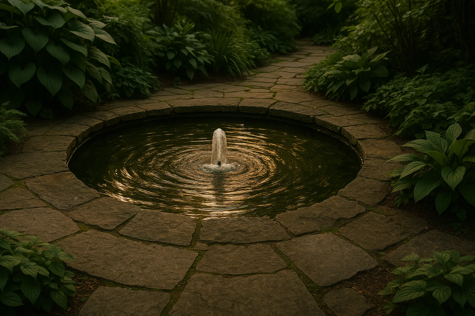 Tranquil garden with a small pond and fountain surrounded by paving stones and leafy plants, creating a calm and natural focal point.