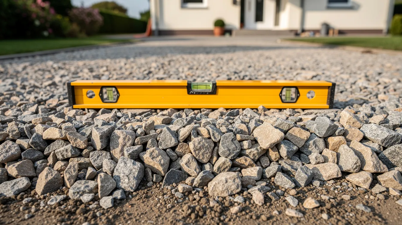 The image shows a close-up view of a compacted aggregate sub-base layer at a residential driveway site, with a spirit level placed on top to ensure evenness. This sub-base is a crucial component of driveway resurfacing projects, providing a stable foundation for various driveway surface options like asphalt, gravel, or resin bound systems.