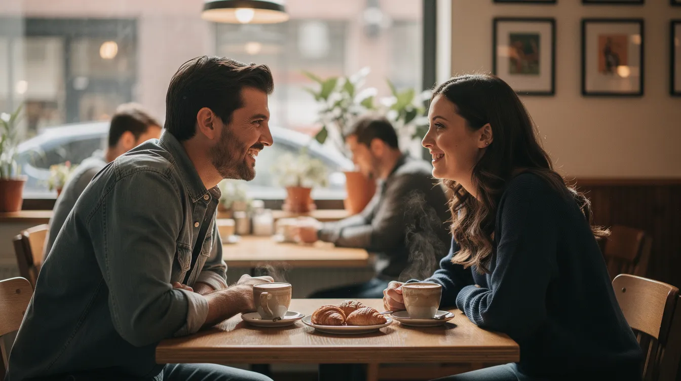 Two people are sitting at a small table in a casual cafe, enjoying coffee together in a relaxed atmosphere that suggests the beginning of a healthy relationship. The warm lighting and comfortable surroundings create a space for them to talk openly, reflecting the importance of self-compassion and emotional connection in their healing journey.