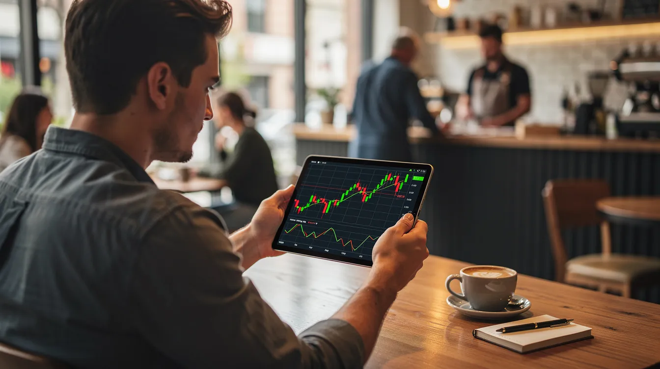 A person sits at a coffee shop, intently reviewing financial charts on a tablet, representing the role of small business accountants in managing accounting needs. The scene captures the blend of modern technology and traditional accounting services, emphasizing the importance of financial oversight for small business owners.
