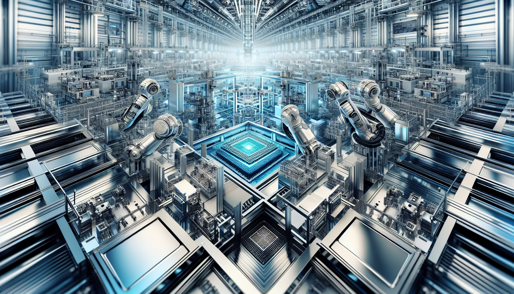 Illustration of semiconductor manufacturing equipment in a factory