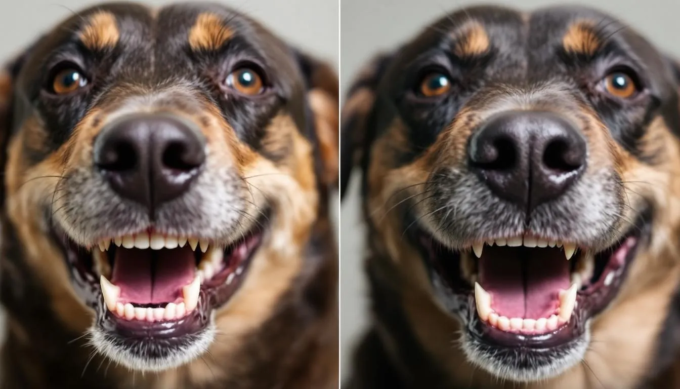 A close-up comparison illustrates a normal dog bite alignment alongside a canine overbite condition, highlighting the misalignment between the upper and lower jaws. The image shows the positioning of the upper and lower canine teeth, emphasizing the potential dental issues such as difficulty eating and the need for treatment options.