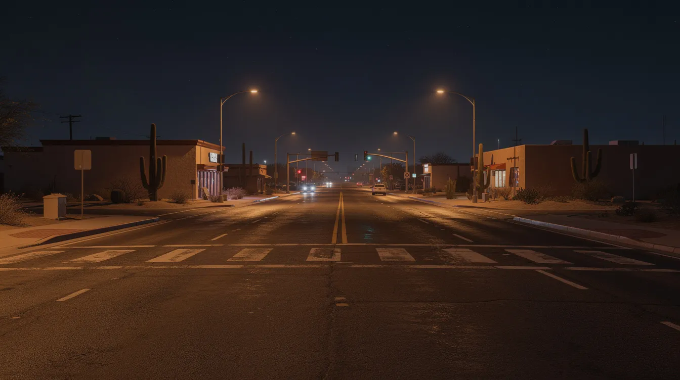 A dimly lit arterial road at night features a wide multi-lane roadway with sparse crosswalk markings, typical of a southwestern city. This scene highlights the potential dangers for pedestrians, emphasizing the importance of seeking legal representation from an experienced pedestrian accident lawyer in New Mexico for those affected by pedestrian accident injuries.