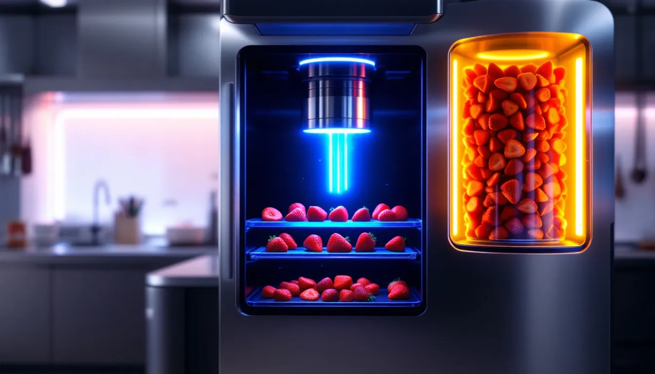 An illustration of the freeze drying process showing food being frozen and then dried.