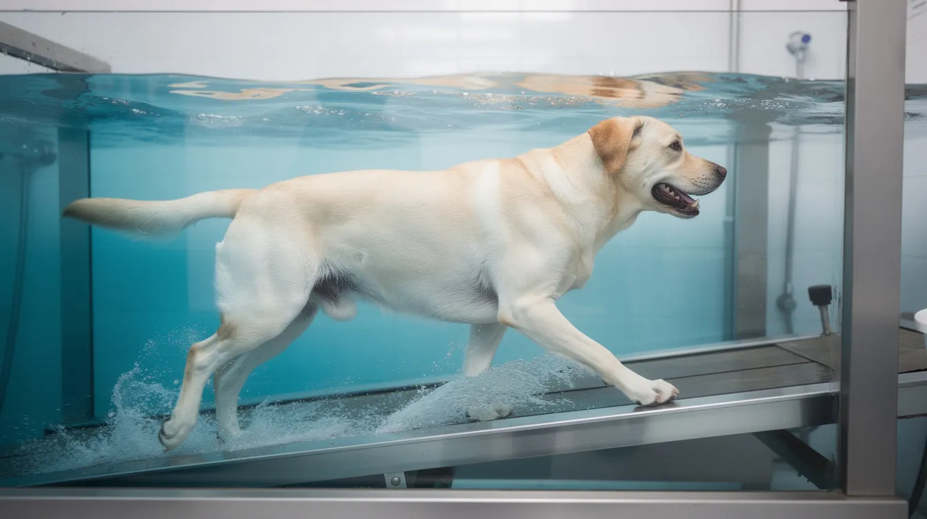 A joyful Labrador dog is walking on an underwater treadmill in a hydrotherapy pool, with clear water surrounding its legs, promoting healthy hips and aiding in the treatment of hip dysplasia. This form of physical therapy is beneficial for large breed dogs, helping to manage hip pain and support their overall pet health.