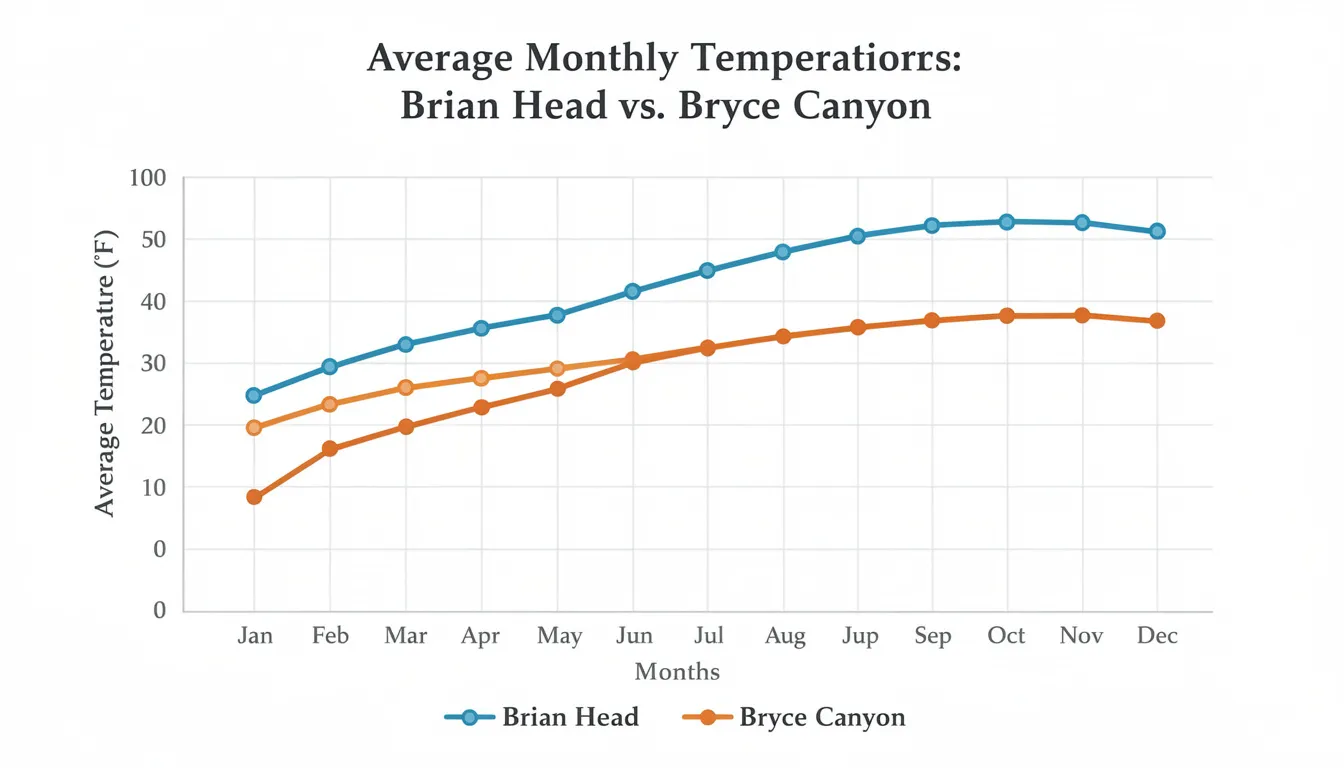 The image depicts a line graph comparing the average monthly temperatures of Brian Head and Bryce Canyon throughout the year, highlighting the seasonal variations in these popular southern Utah destinations. The graph illustrates how temperatures fluctuate, providing insight into ideal times for visitors to explore the national parks and enjoy activities like hiking and skiing.