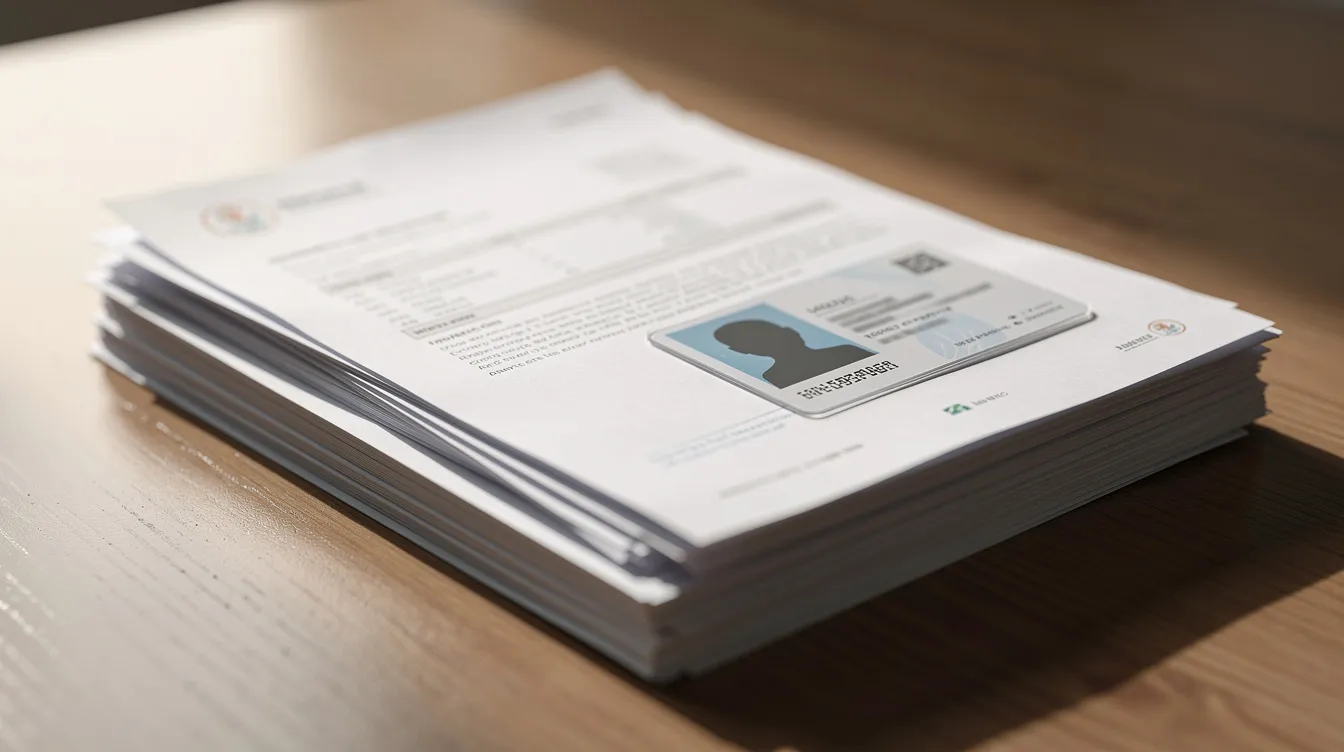 A neat stack of documents, including bank statements and an ID card, is arranged on a wooden desk, suggesting a focus on financial matters such as a "私人 貸款" application. The organized presentation indicates preparation for a loan approval process or a review of monthly repayment amounts.