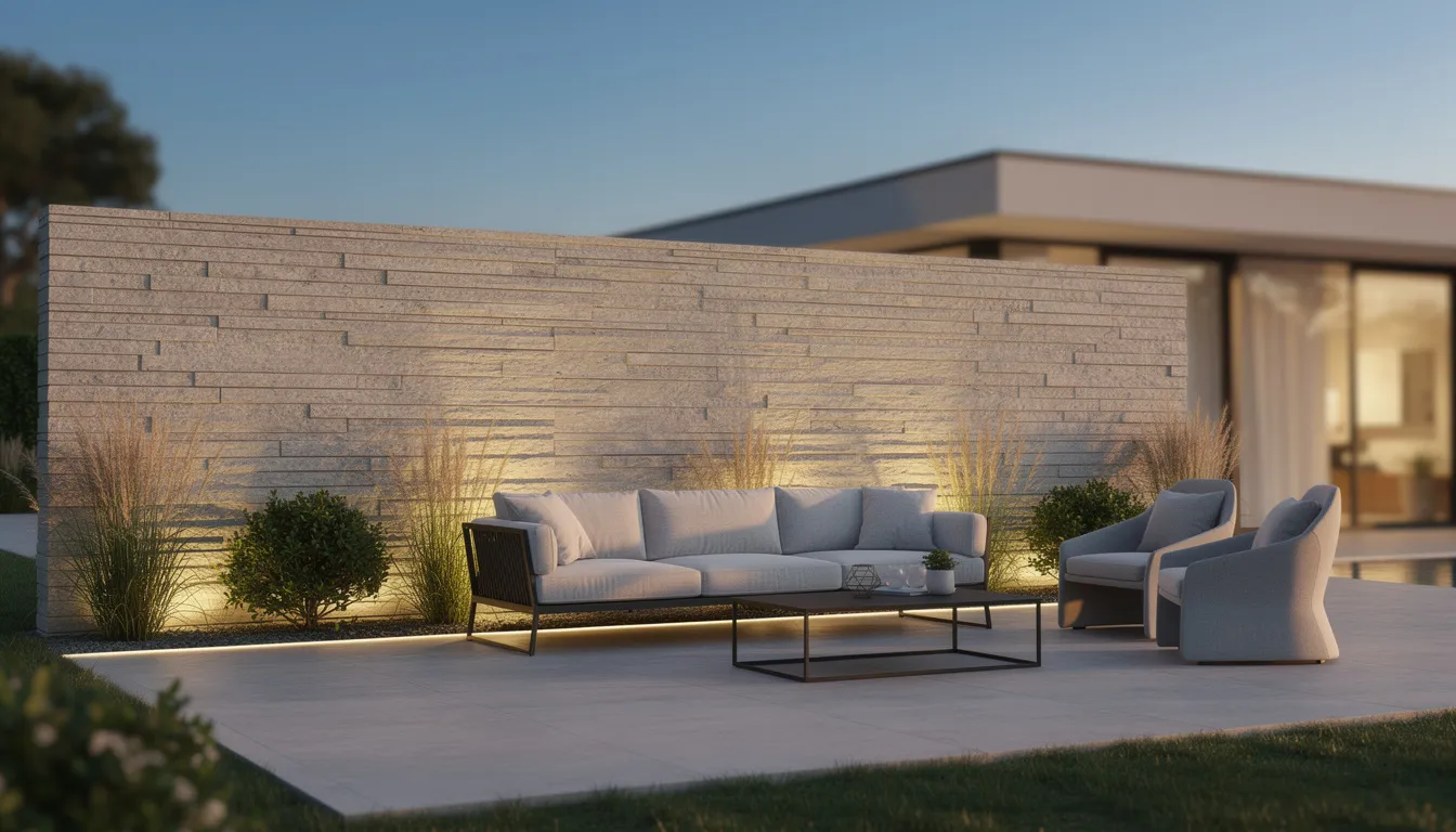 Een moderne tuinmuur bekleed met natuursteen en voorzien van stijlvolle designmeubelen, wat zorgt voor een strakke uitstraling in de buitenruimte. De combinatie van hoogwaardige materialen en een warme uitstraling maakt deze waterbestendige wandpanelen perfect voor verschillende weersomstandigheden.