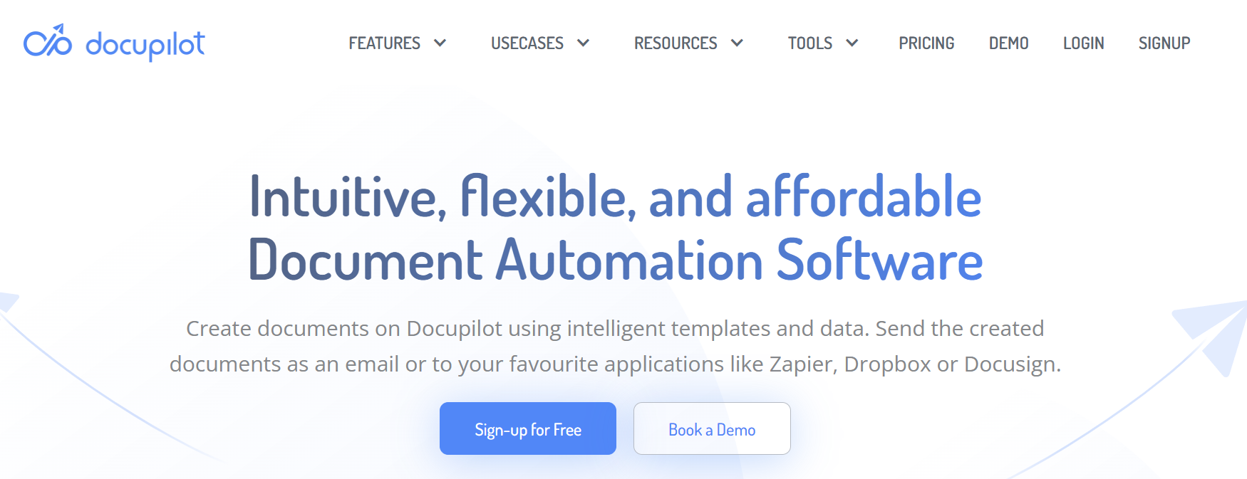 Docupilot document automation software interface highlighting intuitive templates, integrations, and automated document generation features.