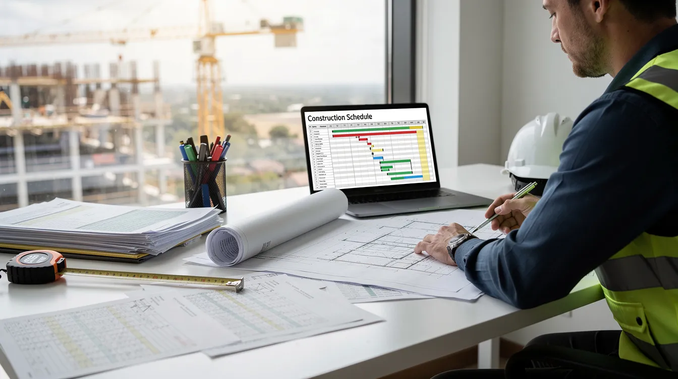 A person is seated at a desk, intently reviewing construction blueprints and project schedules, likely assessing acceleration costs and strategies to meet the original completion date. The environment suggests a focus on managing construction contract claims and ensuring timely project completion amidst potential delays.