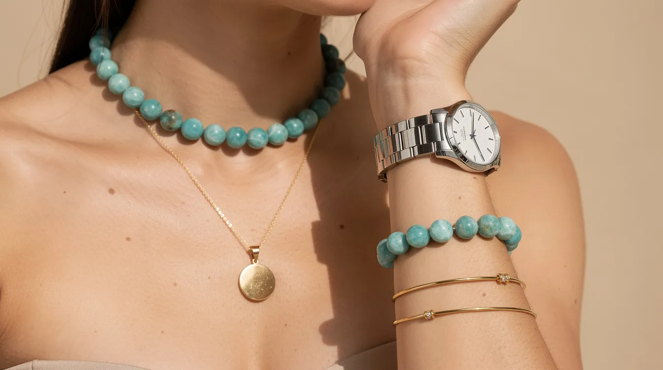 The image showcases stunning amazonite jewellery, featuring a vibrant blue-green stone set against yellow gold and silver. The layered look of a 16” amazonite choker paired with an 18” gold pendant highlights the semi-precious gemstone's unique colours, perfect for creating a personalized and meaningful style.