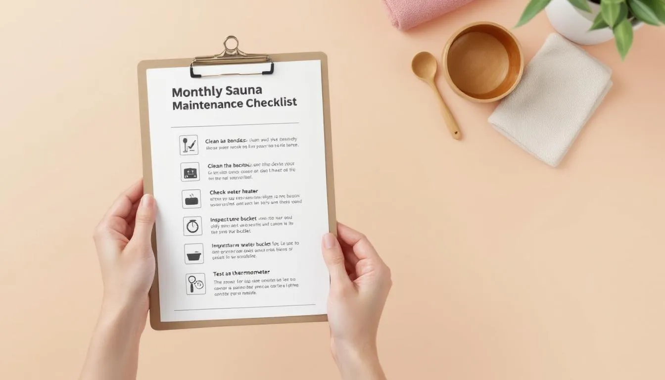 A monthly sauna maintenance checklist displayed on a clipboard next to sauna tools.