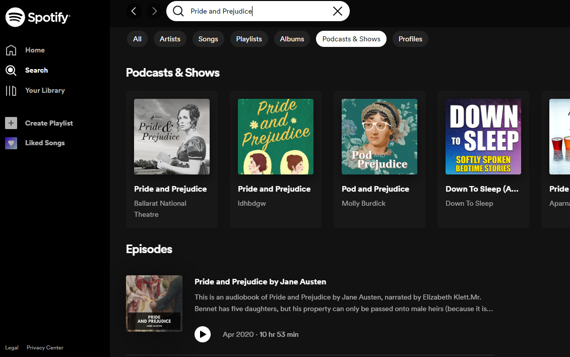 audiobooks on spotify- Jane Austen's "Pride and Prejudice"