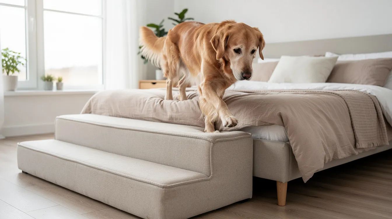 A senior golden retriever is walking up soft padded dog stairs beside a modern bed in a bright bedroom, providing easier access for older dogs with mobility issues. These pet steps feature non-slip surfaces and a gradual incline, making it safer for dogs recovering from surgery or dealing with joint pain.