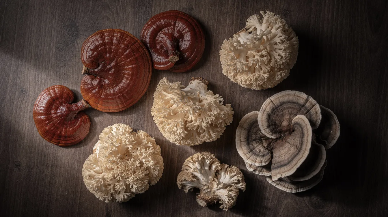 The image features an arrangement of various medicinal mushrooms, including reishi, lion's mane, and turkey tail, displayed on a dark wooden surface. These whole mushroom fruiting bodies exemplify the rich diversity of functional mushrooms known for their potential health benefits and bioactive compounds.