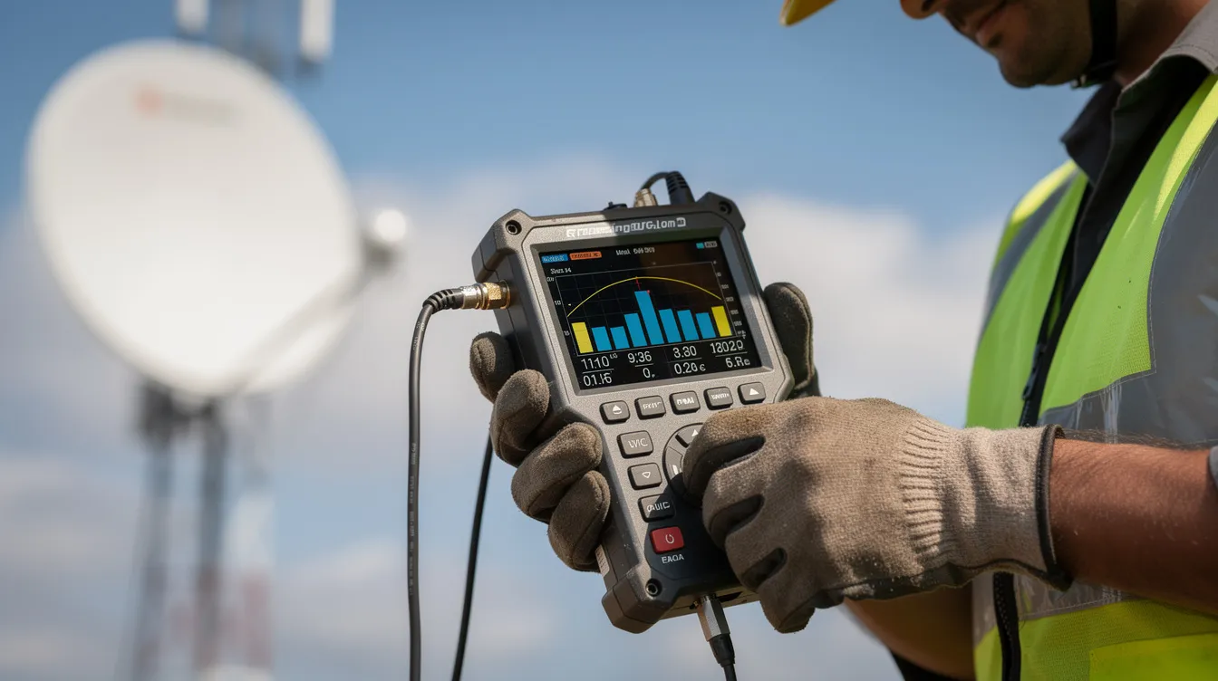 A technician is closely examining a professional meter to test the satellite signal quality, ensuring optimal functionality for devices like the DStv Explora decoder. This process is essential for confirming the installation and performance of HD channels and services.