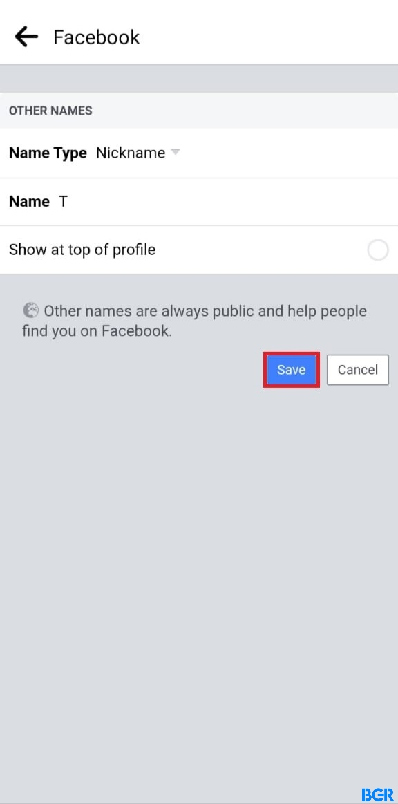 Save to change your name on Facebook