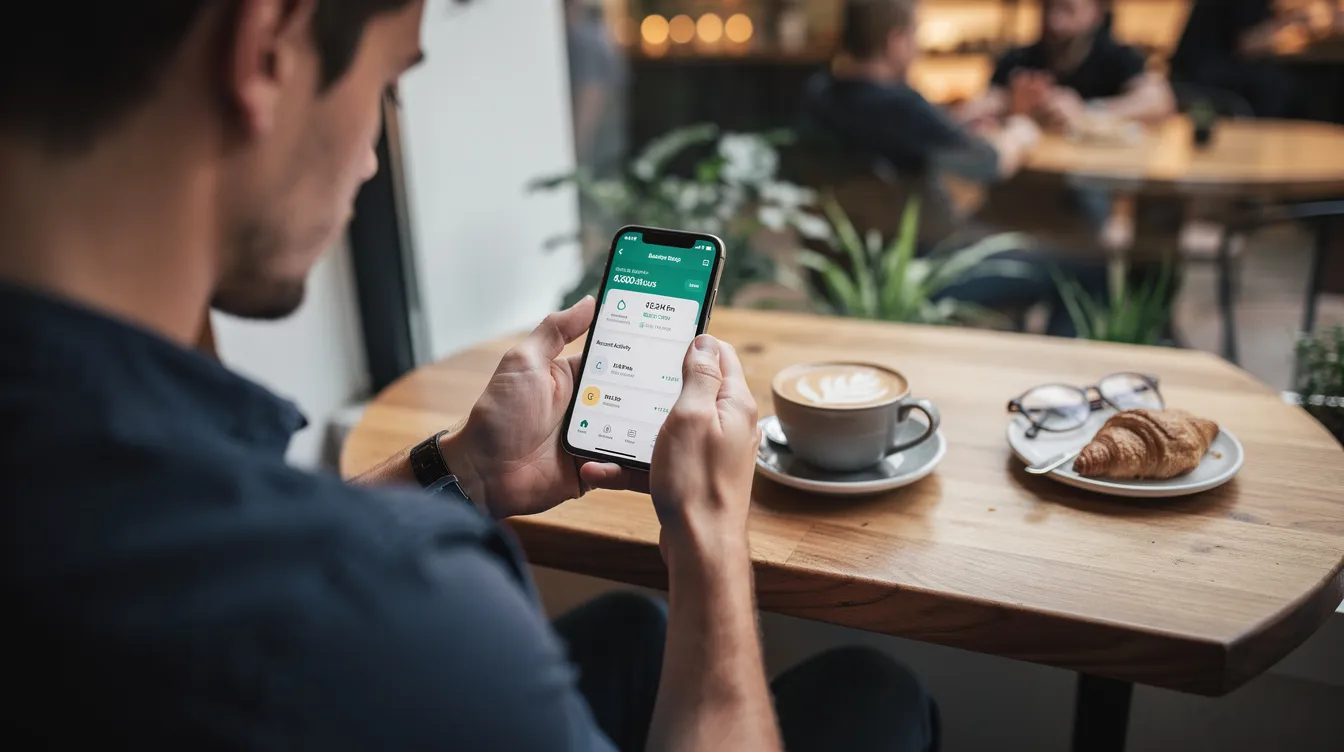 The image shows a person sitting at a cafe table, focused on their smartphone as they navigate a banking app, possibly checking their savings accounts or managing investments. The scene suggests a blend of leisure and financial management, reflecting the convenience of banking services like those offered by HSBC and Barclays.
