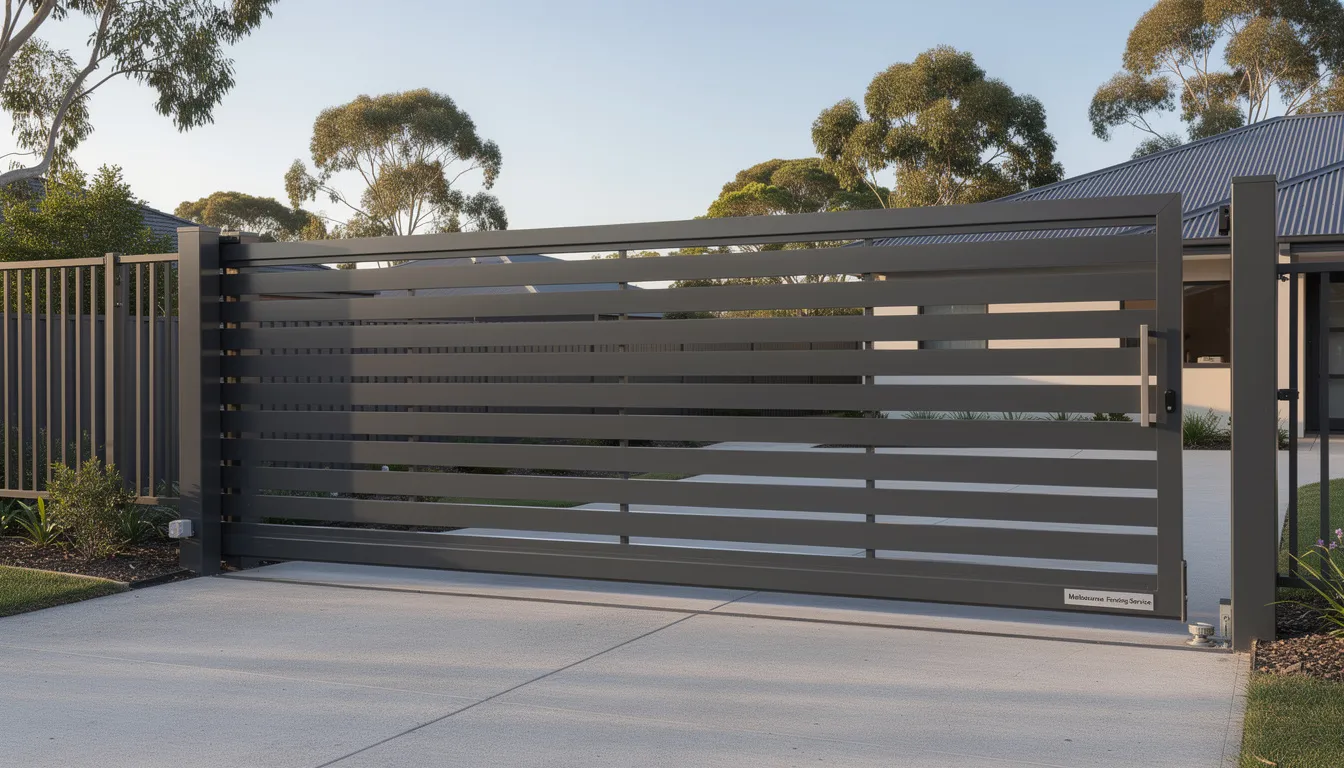 The image showcases a newly installed blade sliding gate by Melbourne Fencing Service, highlighting the sleek design and quality workmanship. This automatic gate offers a perfect solution for enhancing security and convenience for residential or commercial properties in Bulleen, VIC.