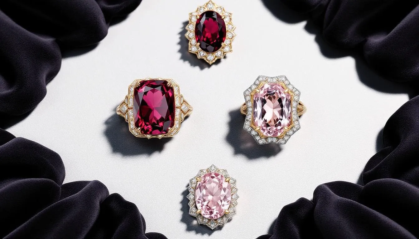 A collection of January birthstones, including garnet and rose quartz.