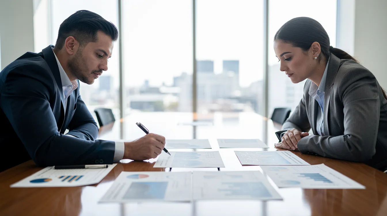 The image depicts two professionals seated at a conference table, intently reviewing various documents related to construction contracts and warranty claims. Their discussion likely revolves around issues such as construction defects, implied warranties, and the legal obligations of contractors and property owners.