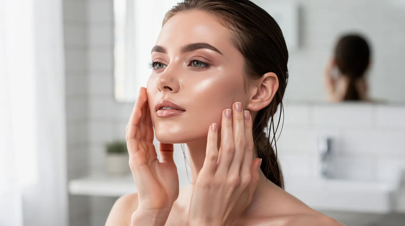 A person with clear, glowing skin is gently touching their face in a bright bathroom, showcasing the results of recent botox treatment. The image emphasizes the importance of proper aftercare and maintaining skin health following cosmetic injections.