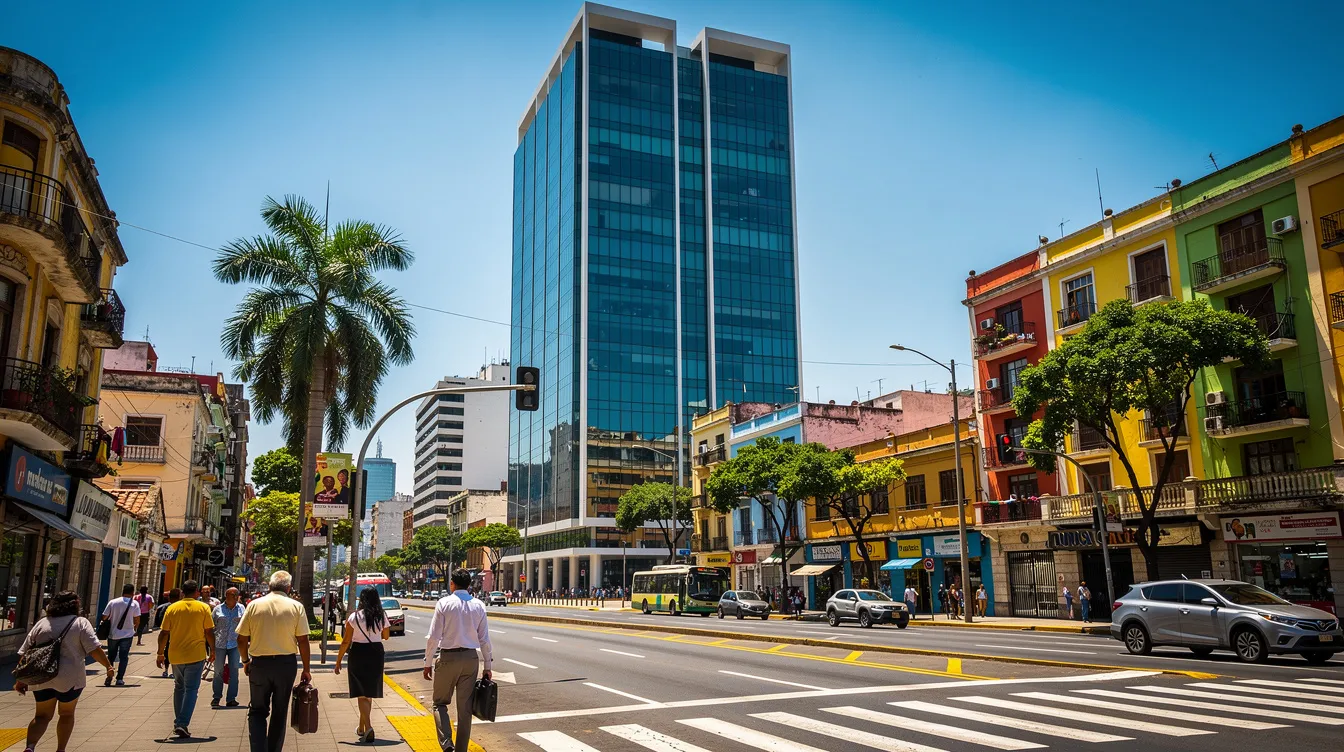 The image depicts a modern glass office tower situated in a bustling Latin American city, with people strolling along a sunny street. This scene reflects the vibrant atmosphere of urban life, which is often associated with financial institutions and banking services in the region, including those offered by major banks like Banco Santander Uruguay and HSBC Uruguay.