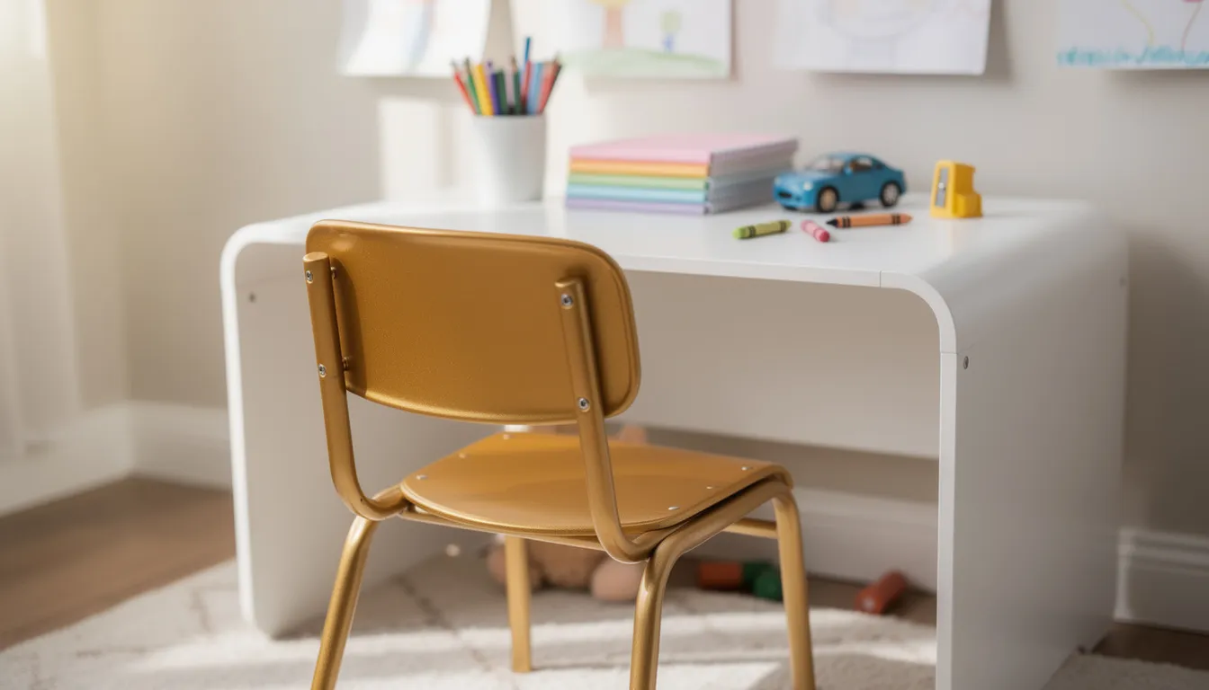 Een klein gouden kinderstoeltje staat aan een witte kindertafel, omringd door kleurrijke accessoires die een uitnodigende sfeer creëren. Het stoeltje heeft een chique uitstraling en voegt een speelse touch toe aan de ruimte.