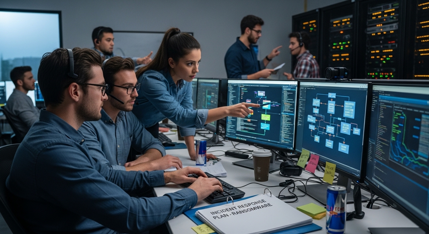 University cybersecurity team executing a documented incident response plan during a simulated ransomware event.