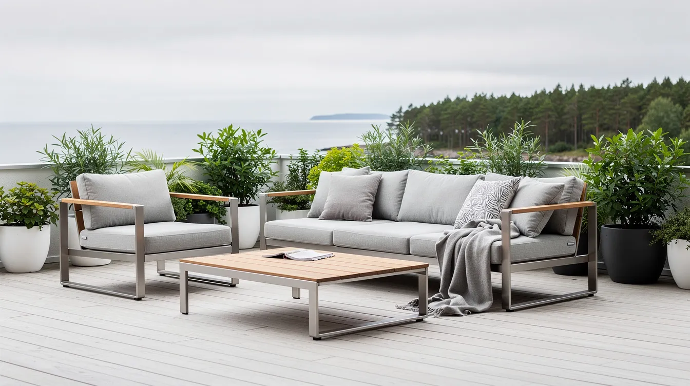 En modern loungegrupp av aluminium och teak står på en skandinavisk terrass, omgiven av gröna växter. Utemöblerna är designade för att skapa en bekväm och stilren uteplats där man kan njuta av både soliga dagar och mysiga kvällar.