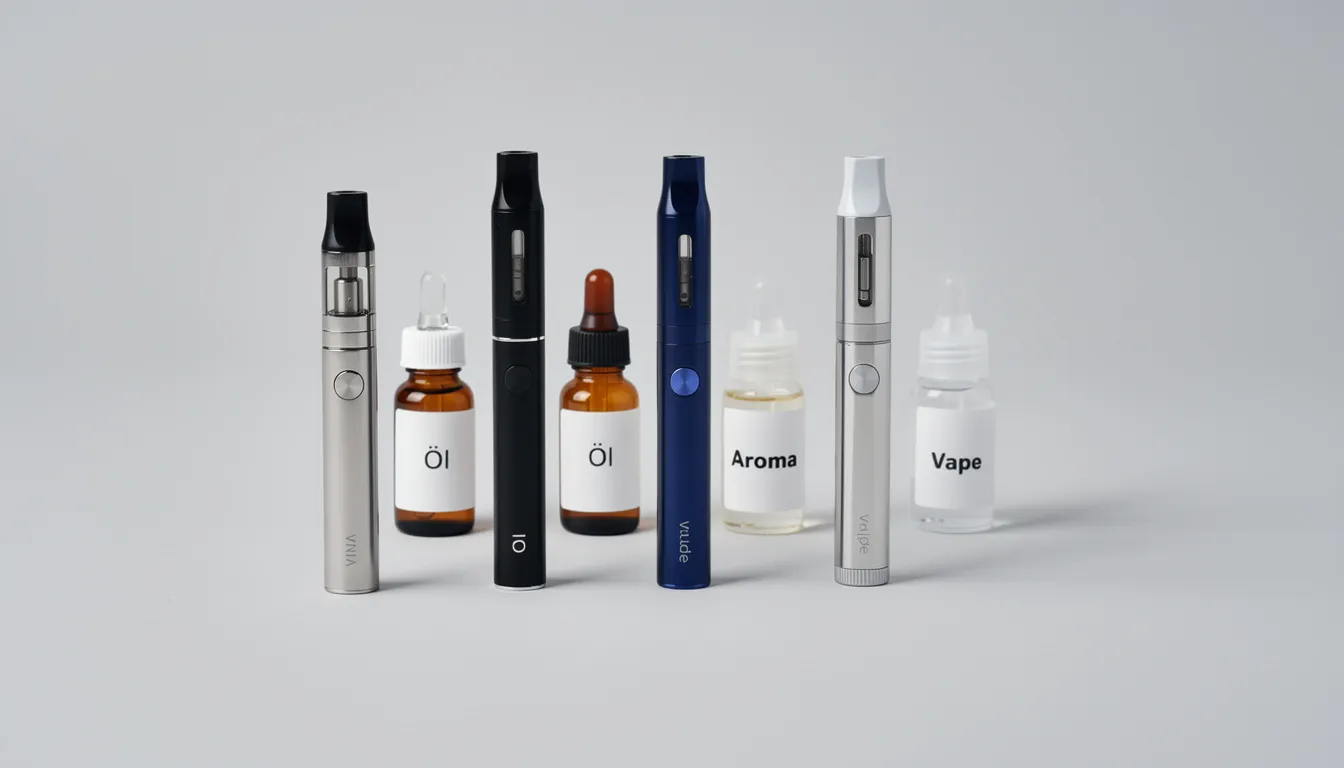 Auf dem neutralen Hintergrund sind verschiedene Vape-Pens und Ölfläschchen arrangiert, die Produkte mit Cannabinoiden repräsentieren. Diese enthalten möglicherweise Substanzen wie Delta 9 THC und andere neue Cannabinoide, die für ihre psychoaktiven Wirkungen bekannt sind.