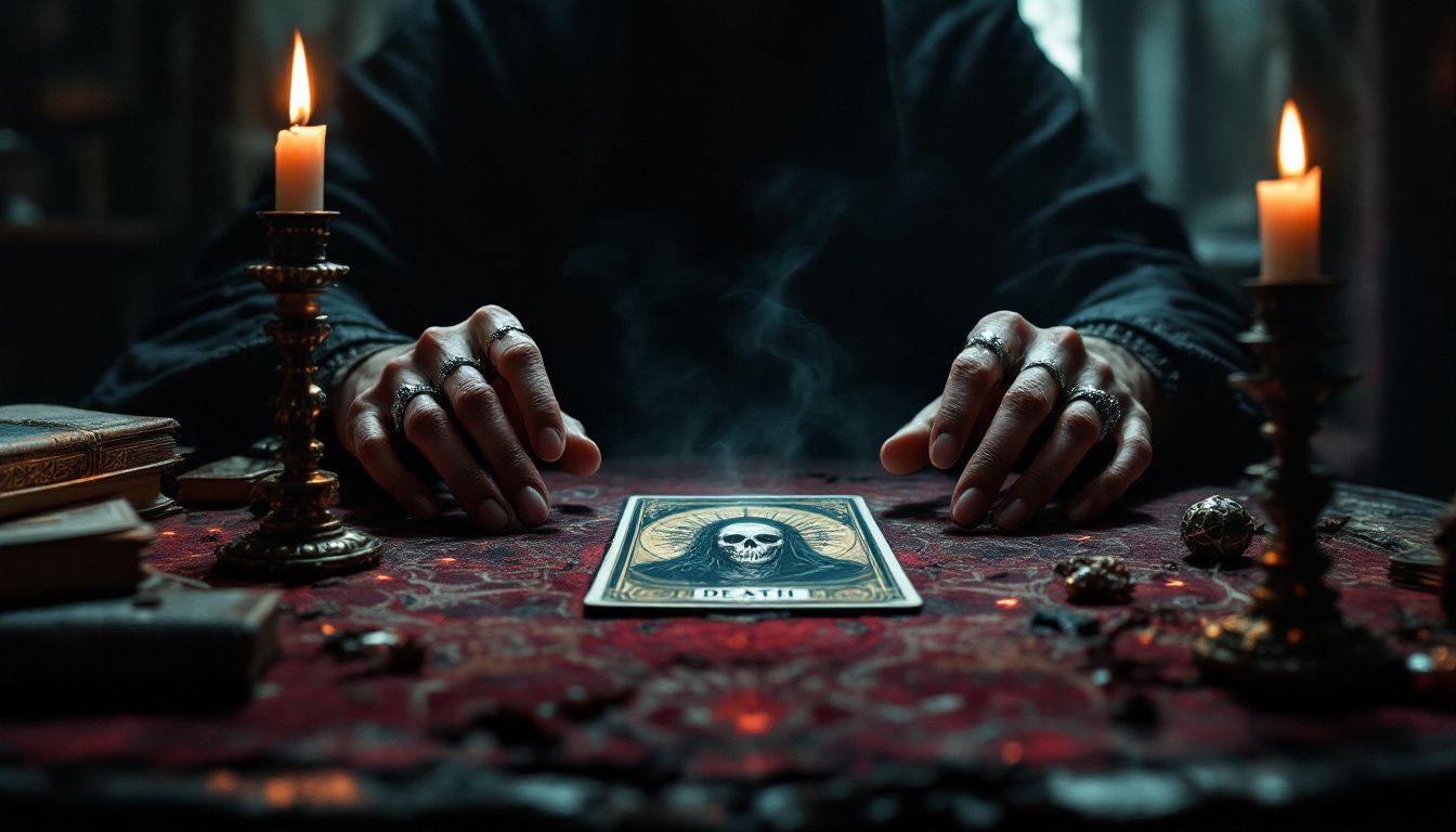 A blurred depiction of a tarot reading session focused on the Death card.