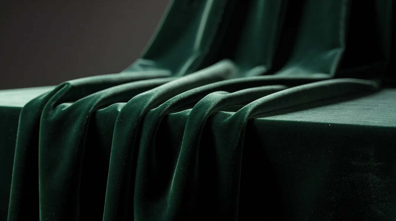 The image features a rich emerald green velvet fabric draped elegantly, illuminated by soft lighting, evoking a sense of timeless appeal and sophistication. This luxurious fabric could inspire bridesmaid dresses or maid of honor gowns, perfect for a wedding day with a coordinated color palette.