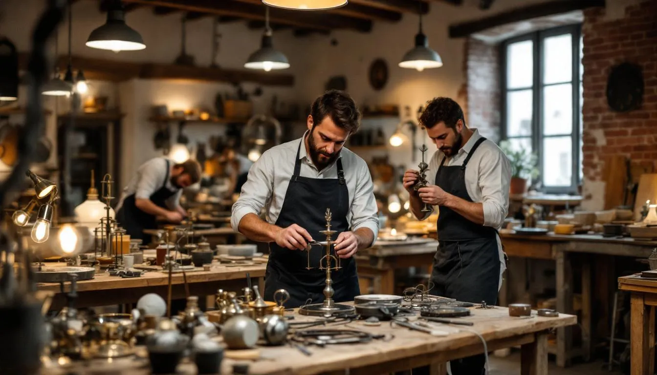 In einer traditionellen italienischen Lampenwerkstatt arbeiten Handwerker an verschiedenen Tischlampen, um einzigartige Designs zu schaffen. Die Atmosphäre ist geprägt von handwerklichem Geschick und der Verwendung hochwertiger Materialien wie Glas und Metall.