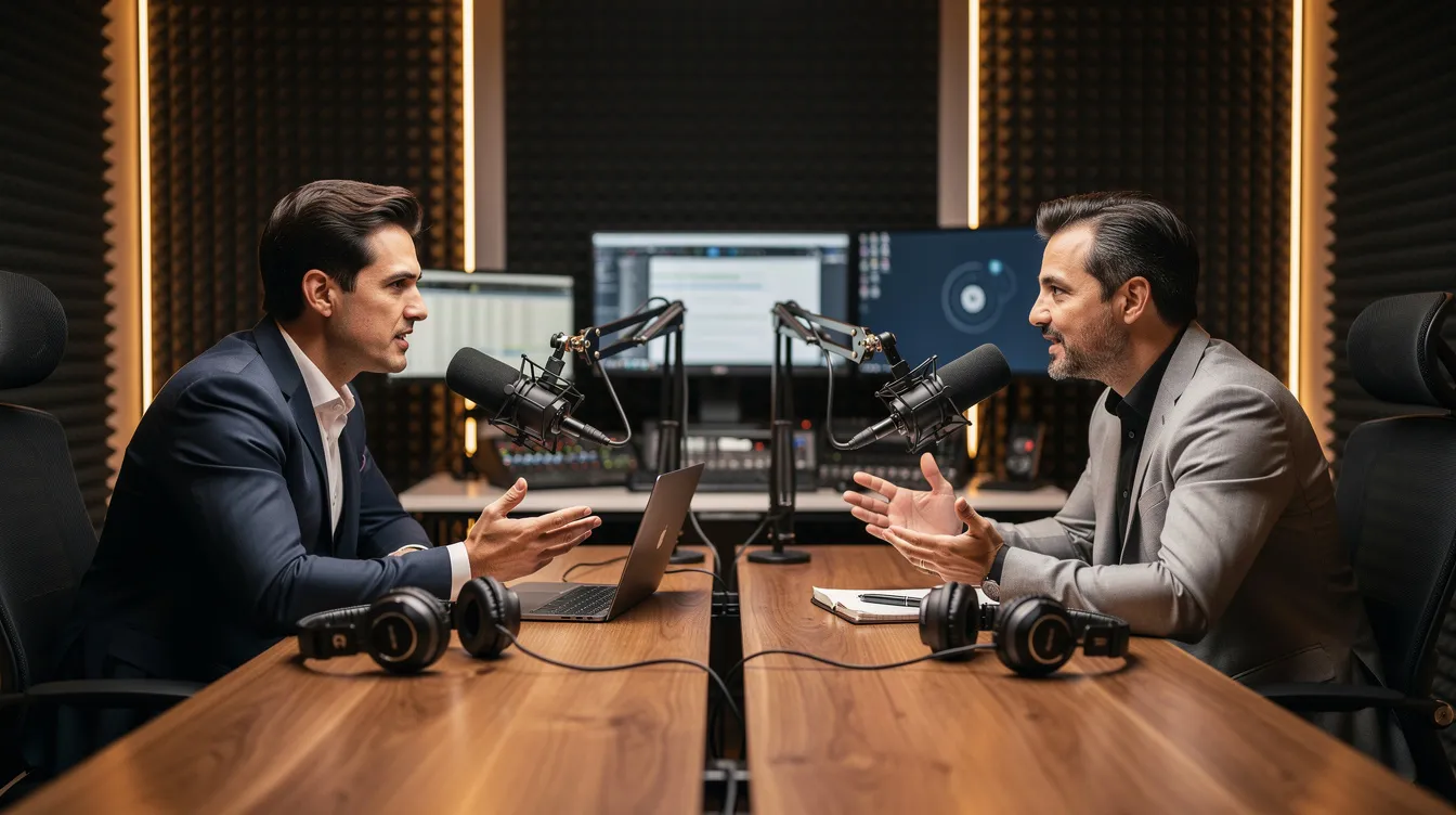 The image depicts a professional podcast studio where two individuals engage in a business conversation, each positioned in front of microphones. The environment suggests a focus on podcast content creation, highlighting the importance of audio quality and effective podcast marketing strategies to reach their target audience.