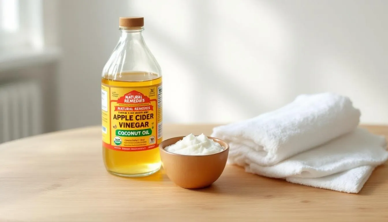 The image displays a collection of natural home remedies, including a bottle of diluted apple cider vinegar and a jar of coconut oil, neatly arranged on a clean surface, which may be used to help treat yeast infections in dogs. These remedies are often considered for managing skin conditions like yeast dermatitis or ear yeast infections in pets.