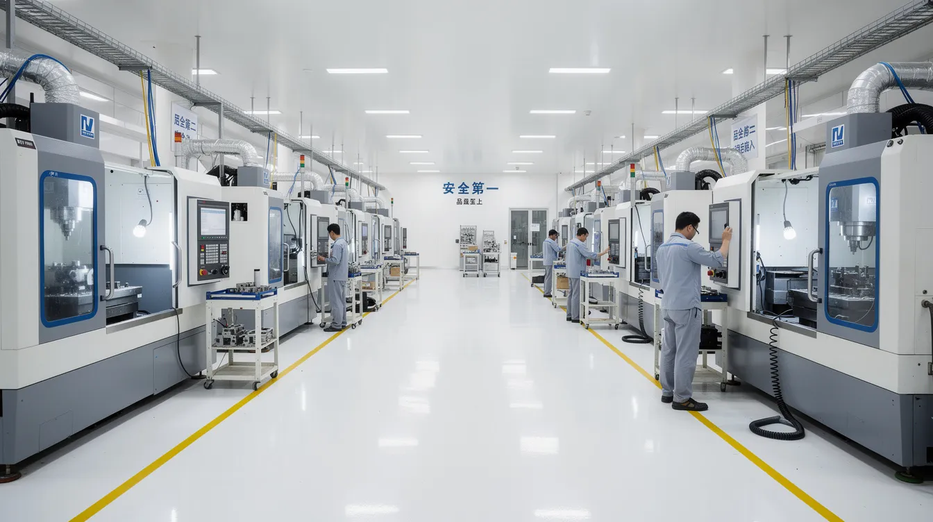 The image depicts a modern precision manufacturing facility in southern China, featuring clean white floors and well-organized CNC machines. This environment is indicative of advanced sheet metal fabrication capabilities, showcasing industrial equipment used for producing high-quality custom sheet metal parts.
