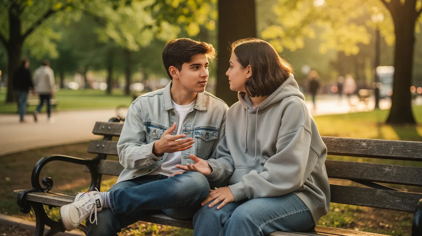 The image shows a Gen Z couple sitting on a park bench, engaged in an honest conversation that emphasizes the importance of open communication in a healthy relationship. Their interaction reflects emotional safety and a commitment to resolving relationship issues in a supportive environment.