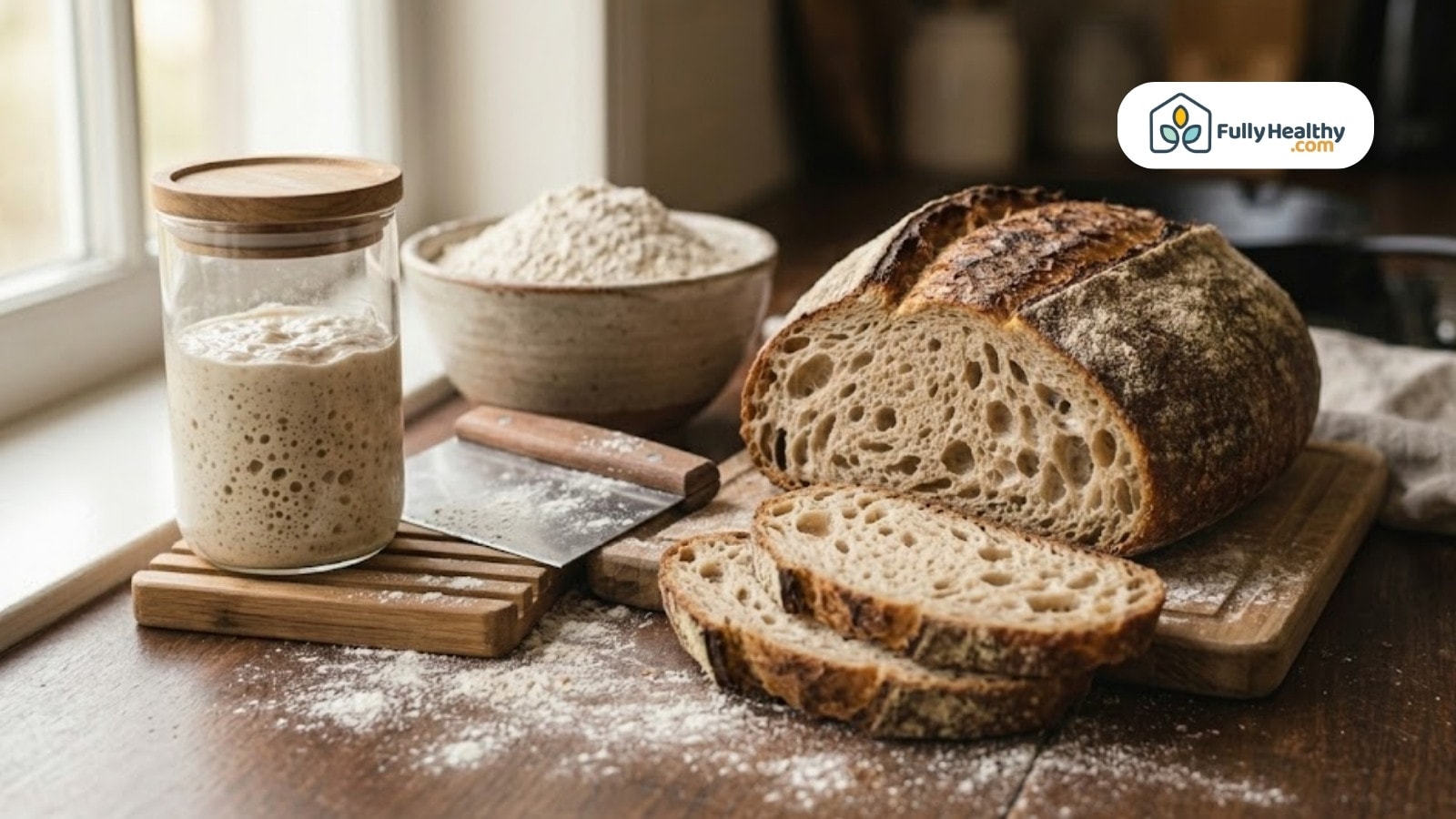 Fresh sourdough loaf with starter and flour on table