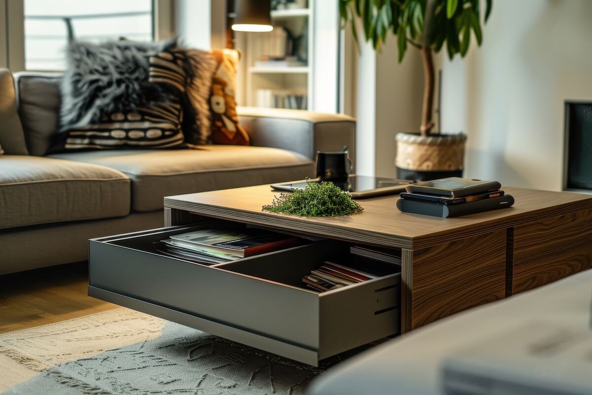 Coffee table with built in drawers create more space 