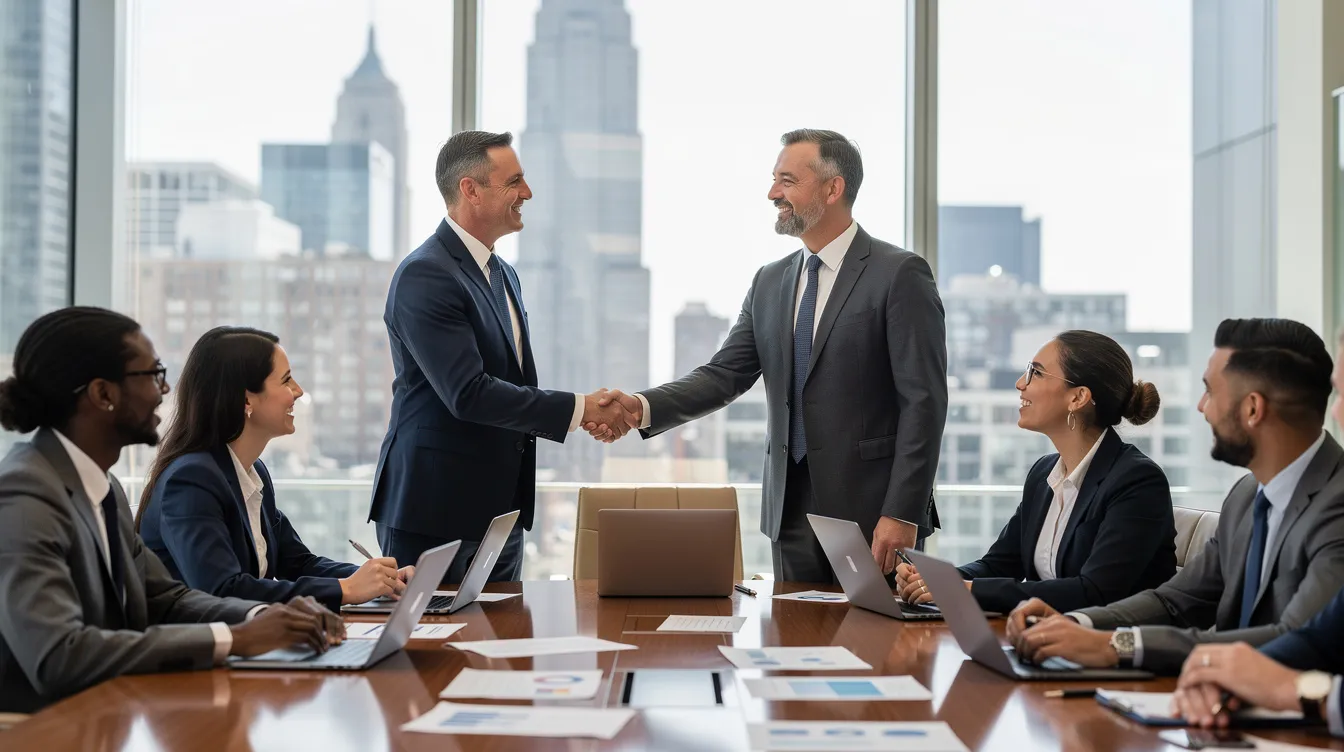 The image depicts business professionals engaged in a consultation meeting, shaking hands to signify an agreement or partnership. This scene reflects collaboration and the potential for tax credit services, such as R&D tax credits, that can provide significant tax benefits to qualified small businesses.