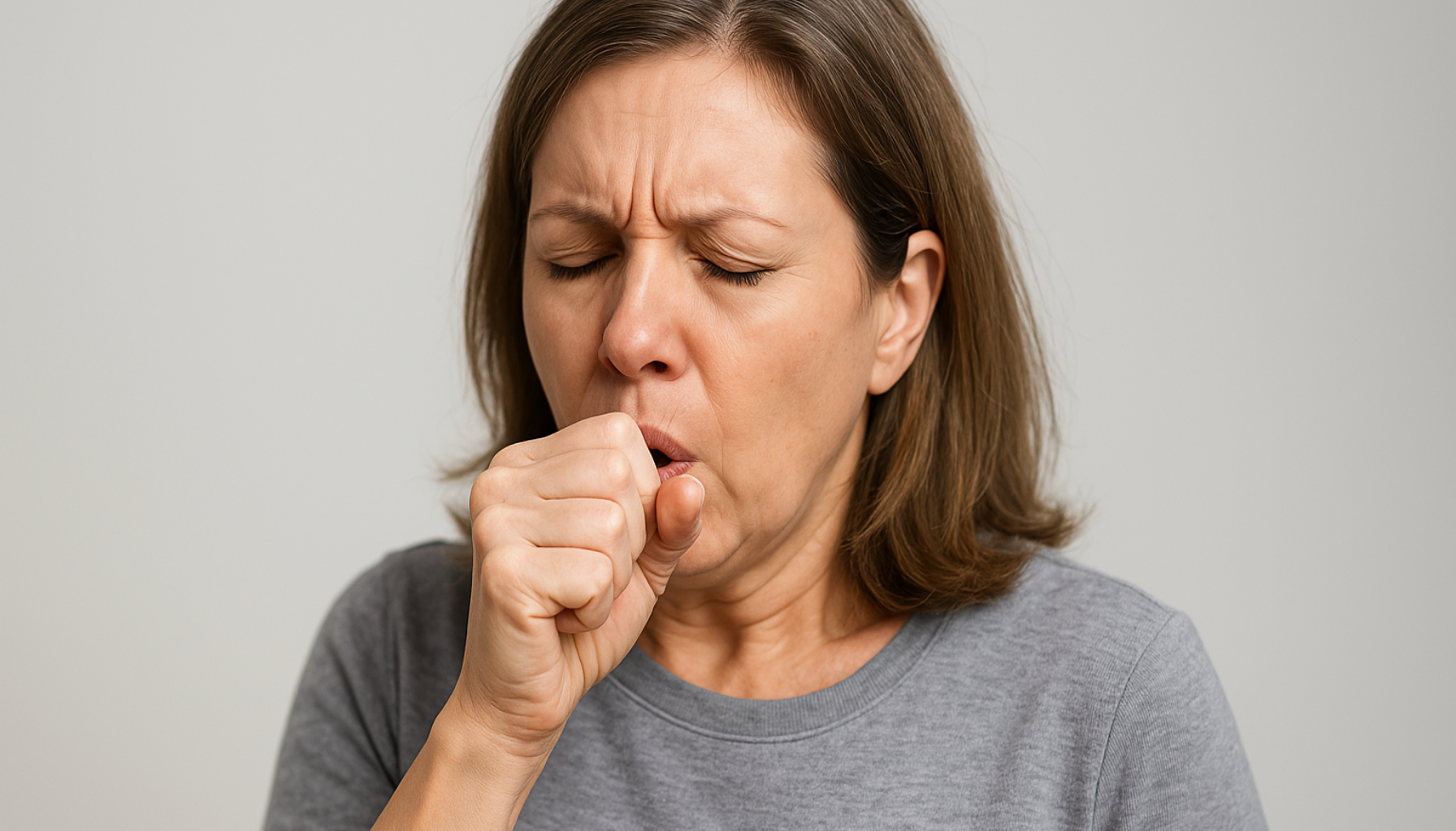 Kvinne hoster tørt i hånden sin, med bekymret uttrykk i nøytralt, lyst miljø.