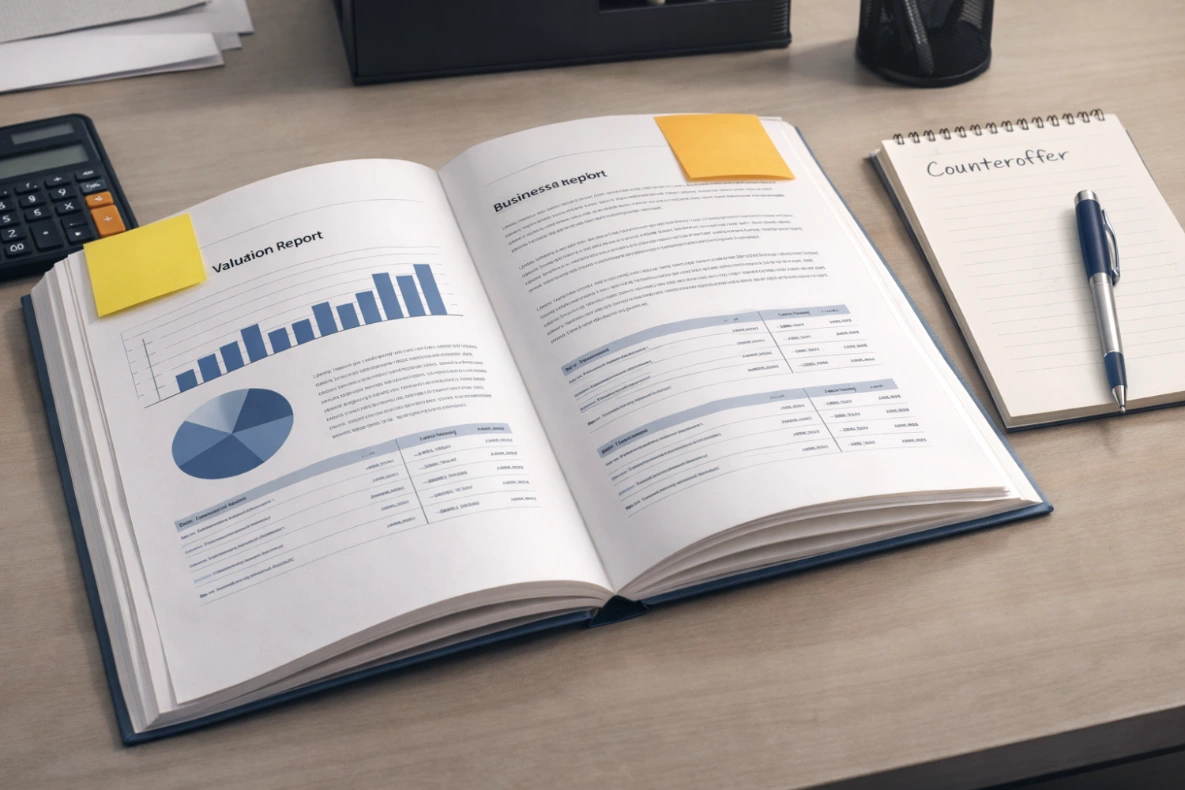 An open report with charts and tables, a notepad with "Counteroffer" written on it, a pen, and a calculator on a wooden desk.