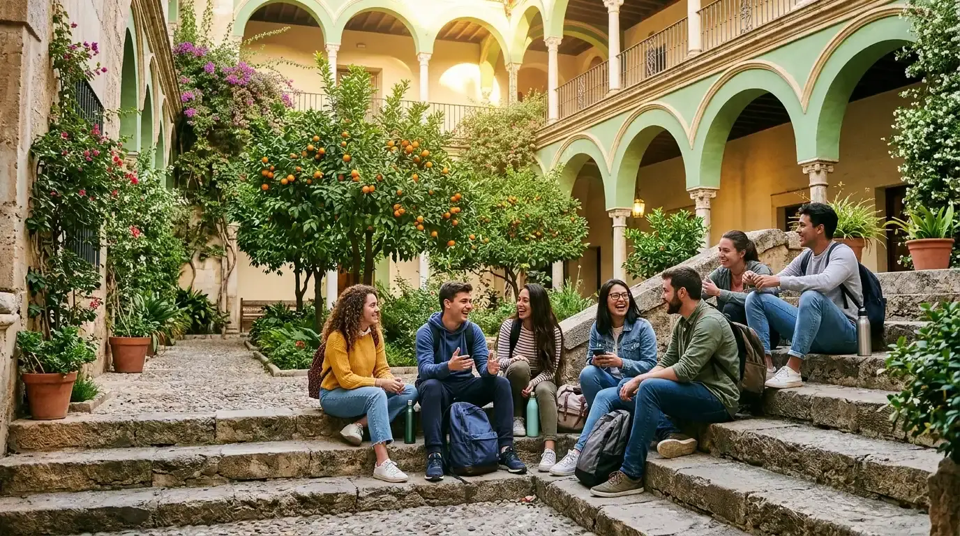 International students sitting on the steps of an Italian university courtyard between autumn deadlines