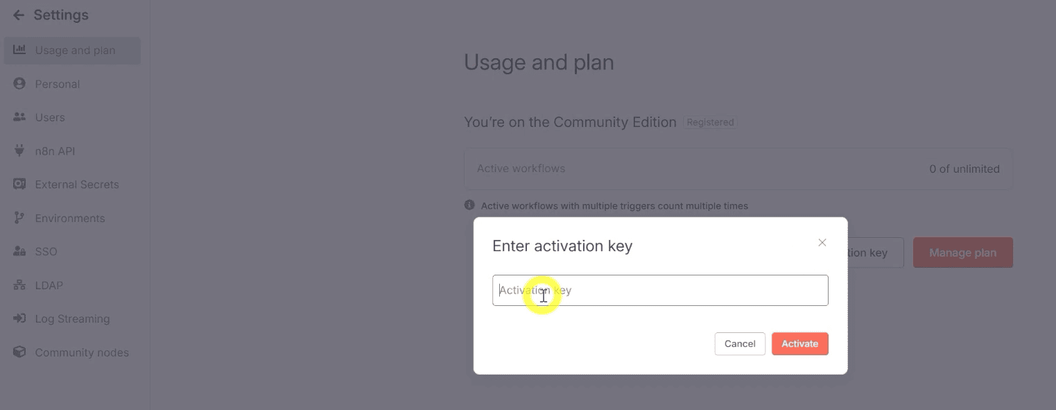 n8n aktivierungsschlüssel eingeben